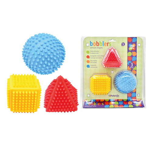 Play & Learn - Bobblers are three colourful sensory shapes which are easy to grasp and squeeze and teach basic shapes and colours.