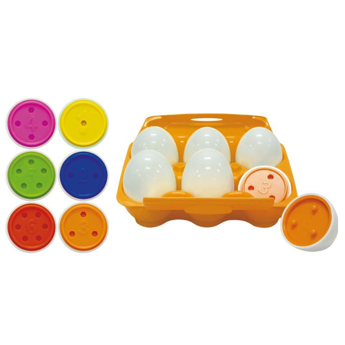 Play & Learn - Eggster contains six easy to grasp and sort colourful eggs with matching numbers of holes and pins which fit together.