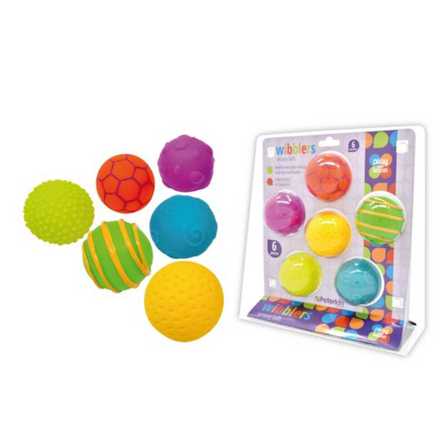 Play & Learn - Wibblers are six colourful sensory balls. Easy to grasp and squeeze. Develops fine motor skills and hand-eye coordination.
