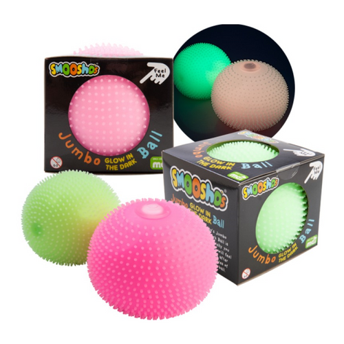 Smoosho's Jumbo Spiky Glow in the Dark Stress Ball features spiky texture for an added layer of tactile fun and glows in the dark!