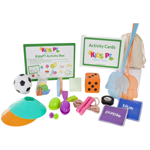 Kids PT - Activity Box includes all the equipment and activity cards for Hopscotch, scavenger hunt, balloon tennis and dice games!