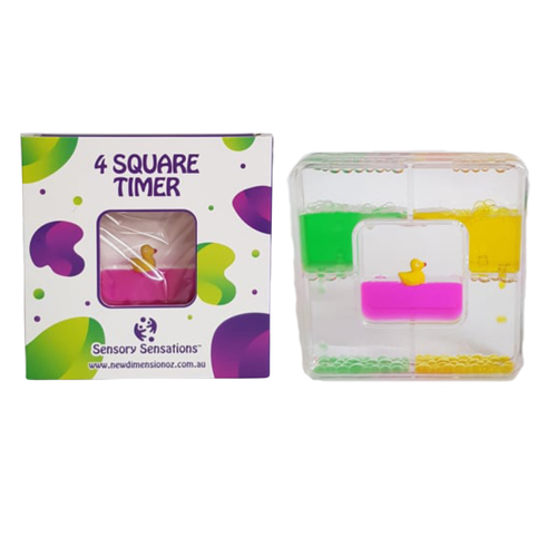 Sensory Sensations - Four Square Liquid Timer has a flow between four compartments, with a centre of coloured oil containing a little creature.