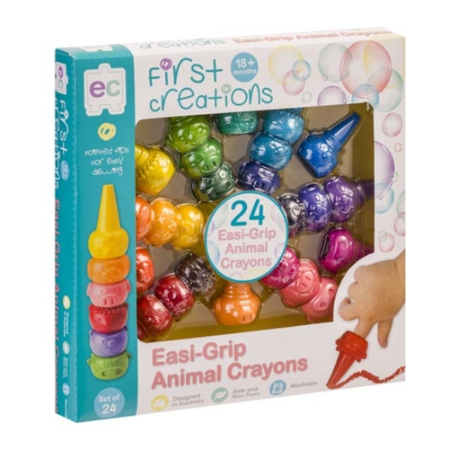 First Creations Easi-Grip Animal Crayons slip easily onto children's little fingers and allow them to draw easily over paper.