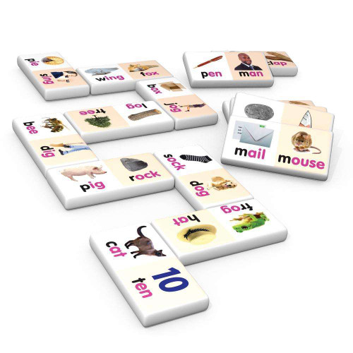 Rhyming Words Dominoes is a 28 piece set that encourages children to sound out and find the rhyming words to match their set.
