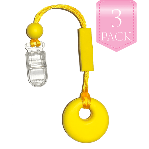 For kids who like to chew on their clothes, fingers, hair….anything really… we have the unique, Chewy Charms - Shirt Saver Clip On Circle 3 Pack Yellow!
