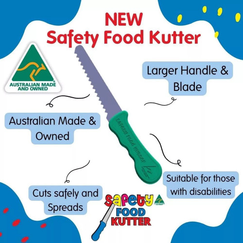 Safety Food Kutter Large features a larger size handle and a longer/wider blade and is suitable for both left and right handers.