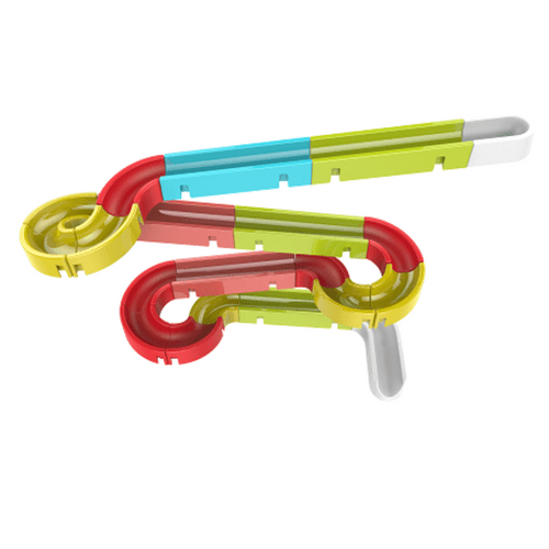 Build a winding, twisty race track with the bright and vibrant pieces and watch the whacky balls race their way down the Bath Time Marble Run!