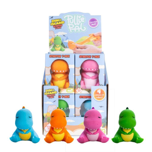 Adorable sleepy Pullie Pal Stretch T-Rex with with realistic scaly texture and spiky spine! Filled with textured sand that holds whatever shape you mould it into.