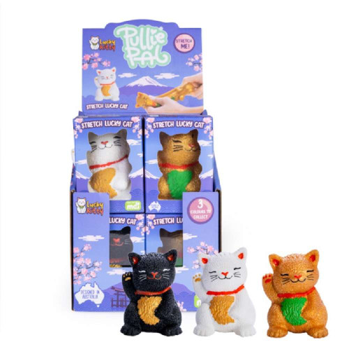 Adorable waving Pullie Pal Lucky Cat with realistic fur texture! Filled with textured sand that holds whatever shape you mould it into.