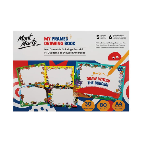 Inspire little artists to create with a vibrant Mont Marte - My Framed Drawing Book A4. Each sheet features a frame of colourful pictures that kids will love!