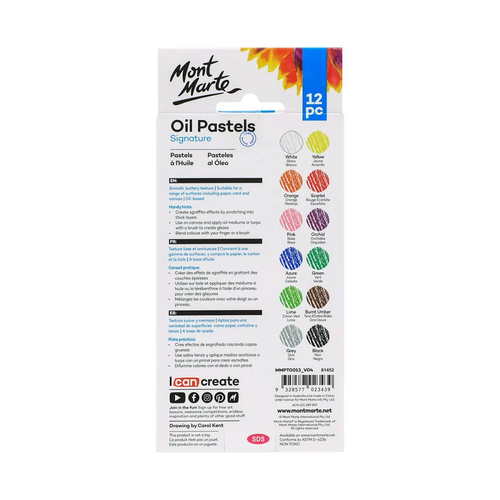 Mont Marte - Oil Pastels 12 Pack are excellent for colour blending and can be used on a wide variety of toned and textured surfaces.