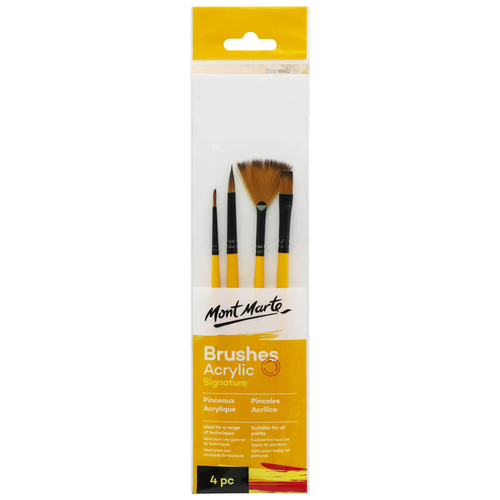 Mont Marte - Acrylic Brush Set of 4 beautiful taklon brush set with wooden handles and black ferrules for use with acrylic paint.