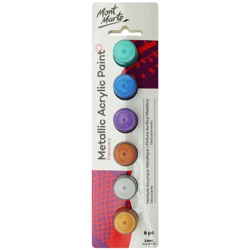 Add metallic details to your art and craft projects with this stunning Mont Marte - Acrylic Paint Pots Metallic set. It comes with six great colours.