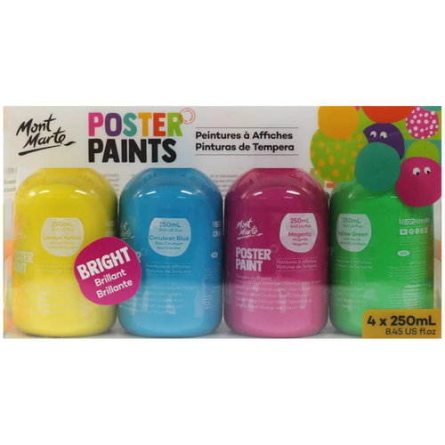 Mont Marte - Poster Paints 250ml 4 Pack Bright is a tempera styled paint with vibrant colour and a matte finish this fabulous paint is quick to dry.