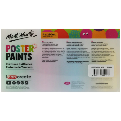 Mont Marte - Poster Paints 250ml 4 Pack Bright is a tempera styled paint with vibrant colour and a matte finish this fabulous paint is quick to dry.