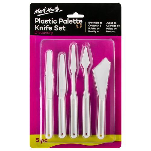 Mont Marte - Plastic Palette Knife Set 5 Piece have flexible blades that have no cutting edge and are suitable for oil and acrylic paints.
