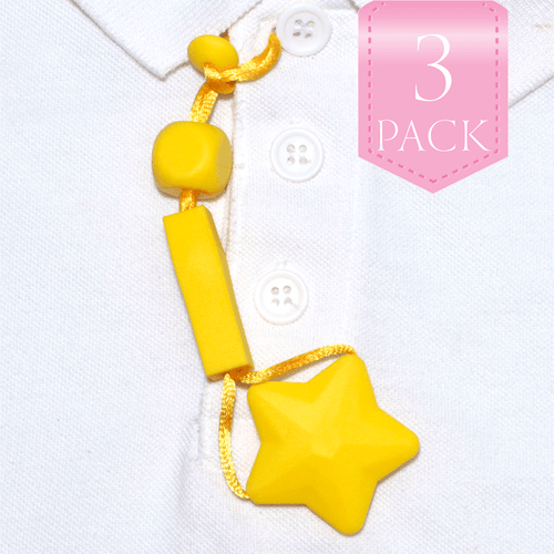 For kids who like to chew on their clothes, fingers, hair….anything really… we have the unique, Chewy Charms - Shirt Saver Button Hole Star 3 Pack Yellow!