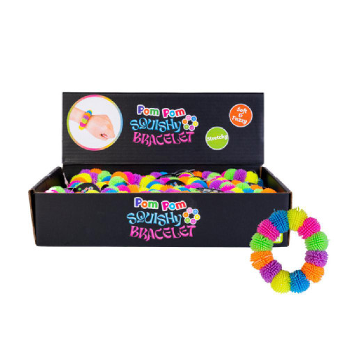 Multi-coloured squishy accessory ideal for tactile, sensory play on the go! Pom Pom Squishy Bracelet features 12 colourful squishy balls with rubbery spikes.