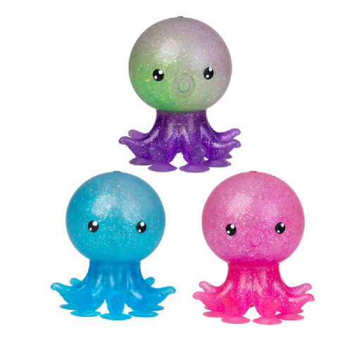 Squish the Smoosho’s Glitter Suckers Octopus to reveal a glitter explosion inside and enjoy the sensory sensation of sticking these suckers onto a clean surface then POPing them off.