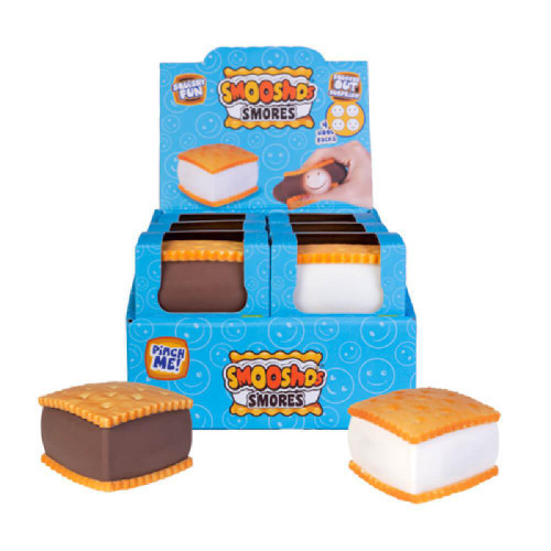 Sweet and squishy Smoosho's S'mores! Novelty stress toy shaped like the iconic sweet treat, just give it a loving squish to see a smiley face pop out