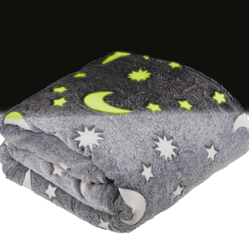 This Glow In The Dark Galaxy Blanket glows brightly at night time. Made of a lovely soft plush material, you can snuggle under the blanket day or night.