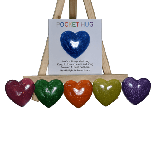 The Pocket Hug is a heart warming gesture, a tangible expression of care and love. This sparkly resin heart comes with a touching message on the backing card.