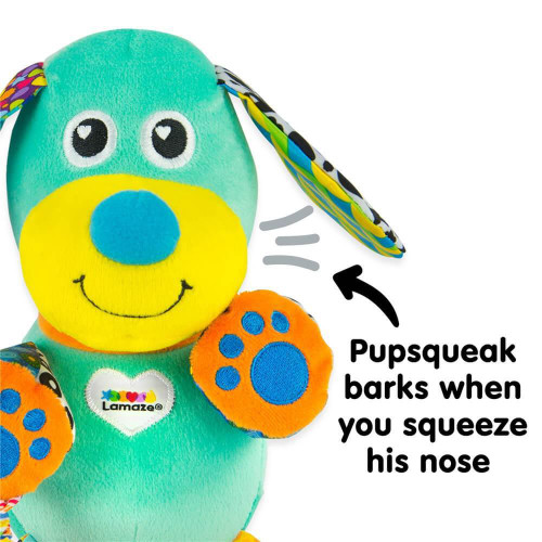 Lamaze Pupsqueak is an adorable and interactive plush toy designed to be a delightful companion for your baby's early developmental stages.