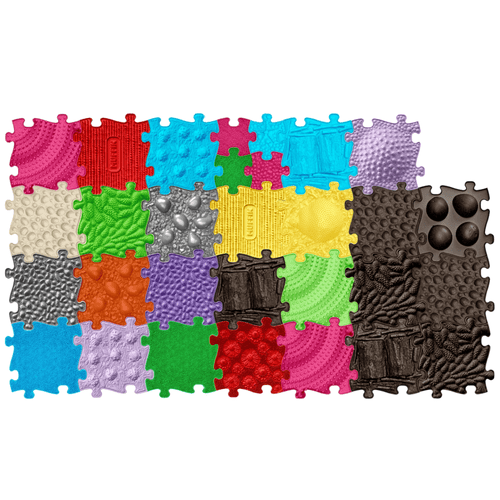 Muffik Royal Sensory Play Mats Set is suitable for larger spaces or nurseries and playrooms. It includes almost the entire range of floors - extra firm ECO, firm, soft, and 3D.