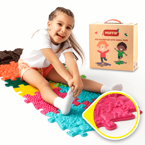 Muffik Royal Sensory Play Mats Set is suitable for larger spaces or nurseries and playrooms. It includes almost the entire range of floors - extra firm ECO, firm, soft, and 3D.