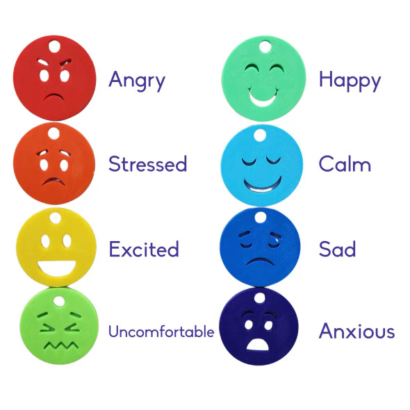 The Emotions Keyring features eight colour-coded discs with clear facial expressions so users can show the emotion that fits best in the moment.