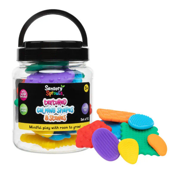 Textured Calming Shapes & Stones Set features bright colours and a variety of tactile patterns - smooth, bumpy, ridged, criss-cross and more