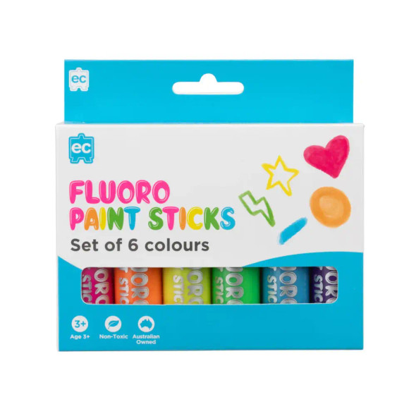 Turn the brightness all the way up. The EC Paint Sticks Fluoro Set 6 pack six neon shades that glide on smooth and dry fast - no water, no brushes, no mess.