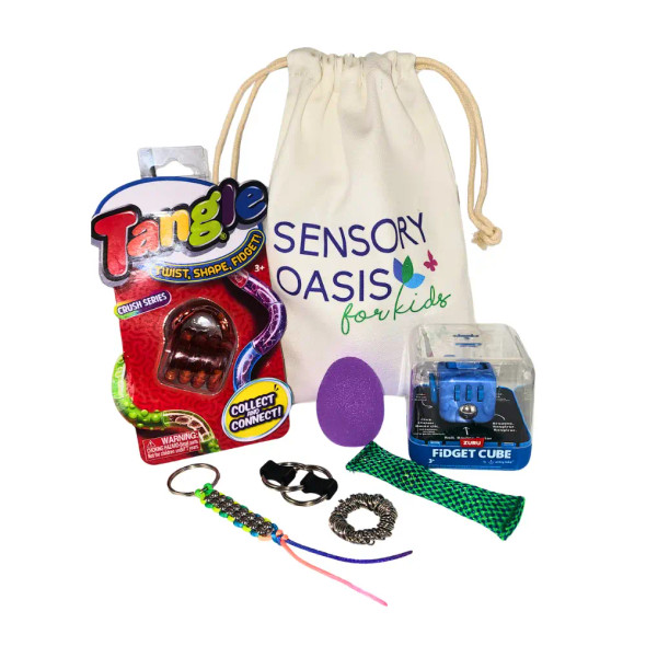 A ready-to-go Focus Fidget Kit for classrooms, clinics and meetings. Designed to support focus, busy hands and calm moments — packed in our Sensory Oasis drawstring bag.