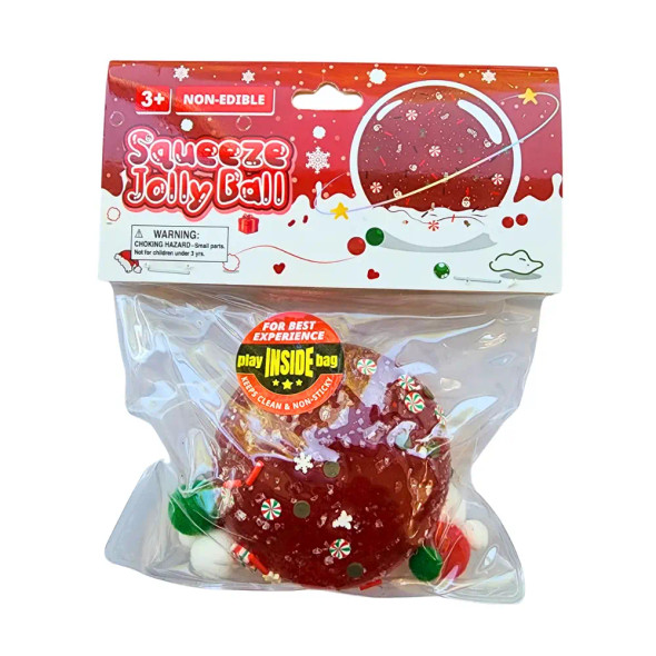 The Squeeze Jolly Ball is filled with shimmering gel, glitter, and fun textured pieces that move and shift as you squeeze, creating a fun sensory experience.