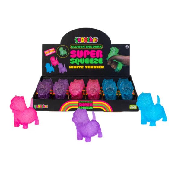 Smoosho's Sugar Squeeze Glow In The Dark Terrier is soft, stretchy, satisfyingly squishy, and glows brightly in the dark.