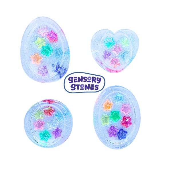 Handmade Sensory Stones - Rainbow Stars Worry Stone by Sensory Oasis for Kids. Smooth resin sensory stones with raised rainbow stars for tactile sensory input and pocket-sized calm.