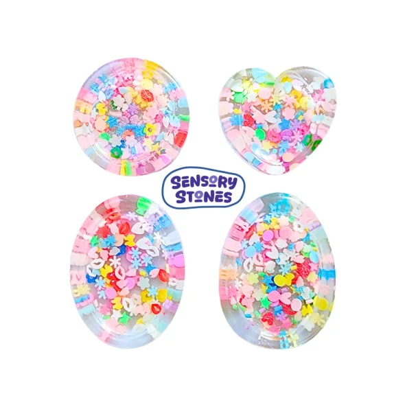 Handmade Sensory Stones - Sprinkles Worry Stone by Sensory Oasis for Kids. Smooth resin sensory stones with colourful confetti for fidgety fingers and pocket-sized calm.