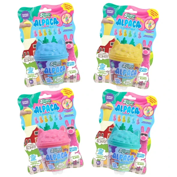 Discover Slimy Scented Alpaca Collectibles with 100g of scented slime and a cute alpaca topper. Collect all 7 characters including the rare rainbow alpaca!