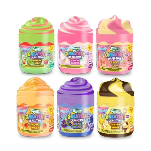 Discover Slimy Greatest of All Time slime! Super scented, stretchy slime with fun mix-ins, colourful designs and exciting collectable varieties to discover.