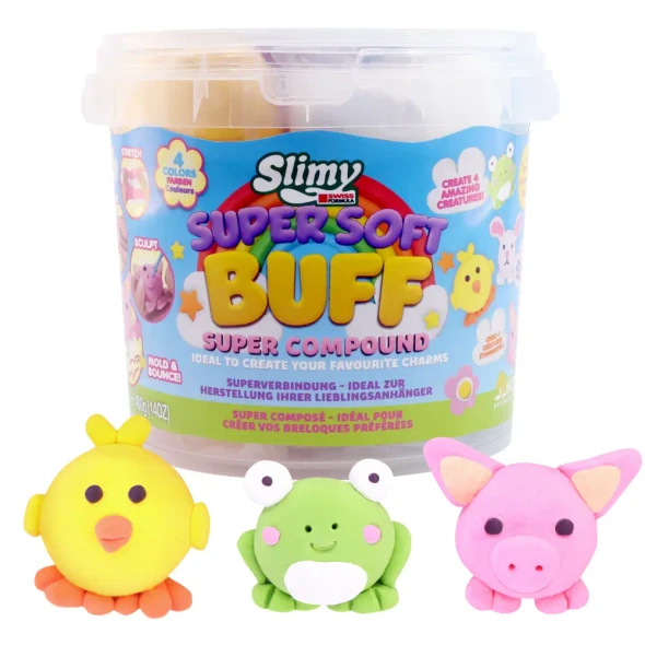 Create colourful creatures and charms with the Slimy Super Soft Buff Kit. Includes ultra-soft modelling compound, 4 colours and fun mix-ins for sensory play.