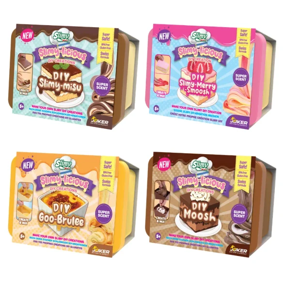Create sweet dessert-inspired slime creations with Slimy-Licious DIY Creations. Includes scented slime, mix-ins and toppers in four fun collectible styles.