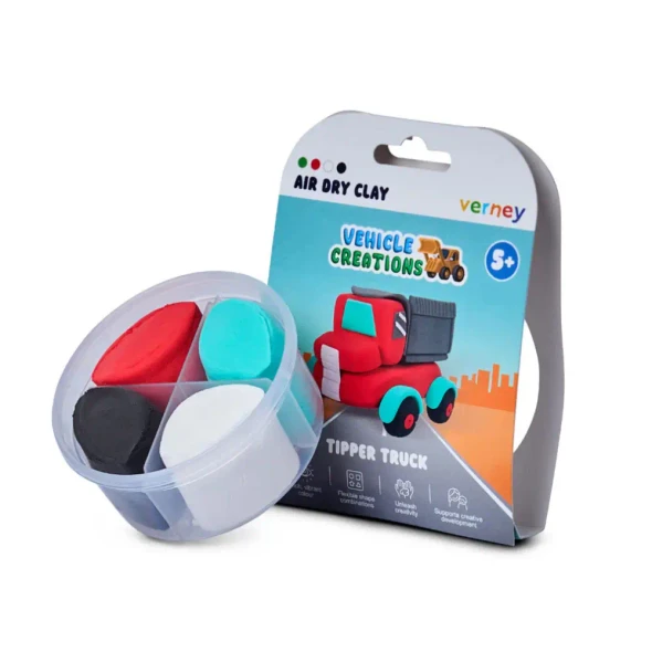 Create your own construction vehicles with Verney Air Dry Clay - Vehicle Creations. Includes four colours of air-dry clay in four fun vehicle designs.