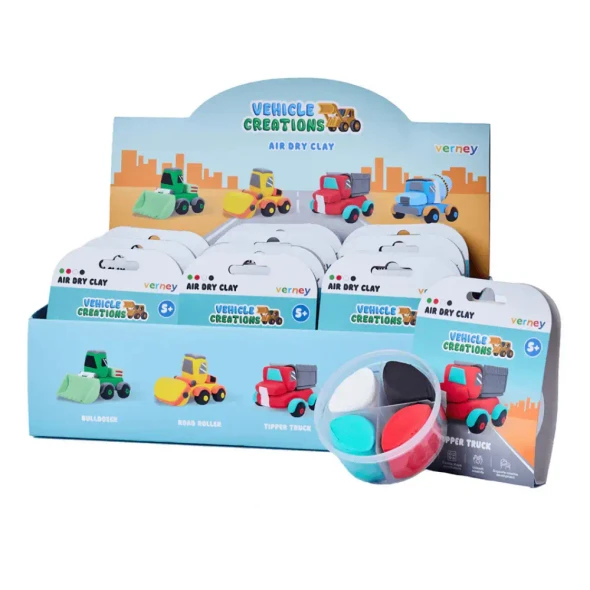 Create your own construction vehicles with Verney Air Dry Clay - Vehicle Creations. Includes four colours of air-dry clay in four fun vehicle designs.