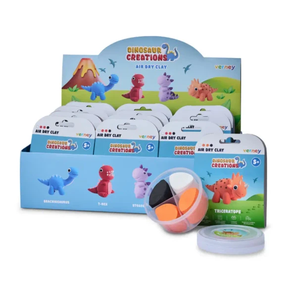 Create your own dinosaur with Verney Air Dry Clay - Dinosaur Creations. Includes four colours of air-dry clay in four fun dinosaur designs.
