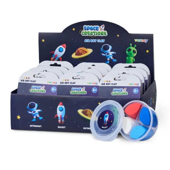 Create rockets, astronauts, aliens and Saturn with Verney Air Dry Clay Space Creations. Includes four colours of air-dry clay. No baking required.