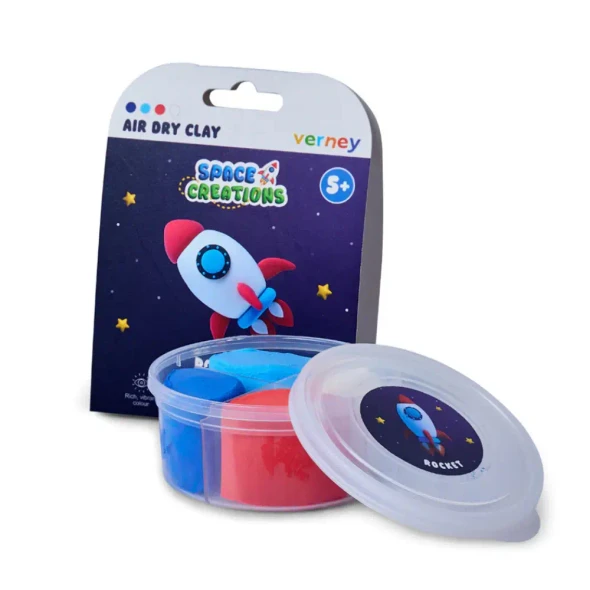 Create rockets, astronauts, aliens and Saturn with Verney Air Dry Clay Space Creations. Includes four colours of air-dry clay. No baking required.