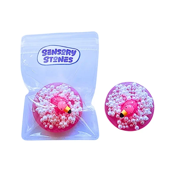 Handmade Sensory Stones - Bubble Bath Flamingo Fidget by Sensory Oasis for Kids, featuring raised pearl-style bubbles for satisfying tactile sensory input.
