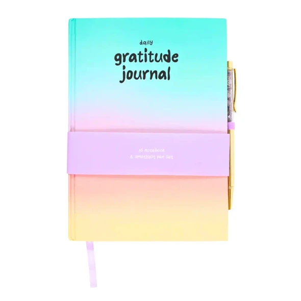 A beautifully designed Daily Gratitude Journal with a matching amethyst pen to help encourage daily mindfulness, gratitude, goal setting and positive reflection.