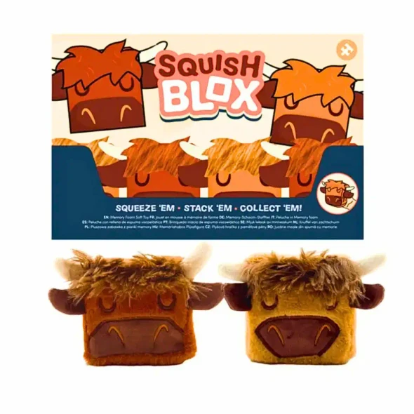 Squeeze, squish and collect the adorable Squish Blox - Highland Cow! A soft plush memory foam sensory toy that's perfect for stress relief, fidgeting and cuddly fun.