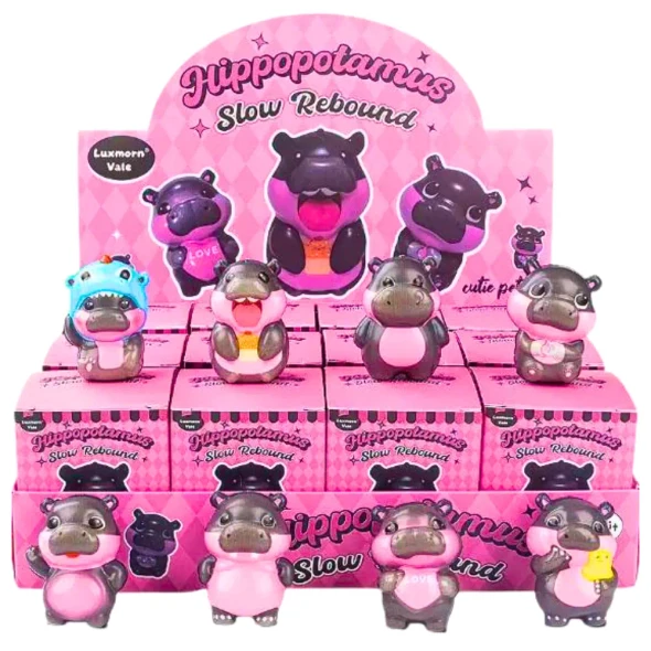 Collect the adorable Squishy Blind Box Hippopotamus Family! Each mystery box contains one cute slow-rising hippo squishy that's perfect for sensory play, collecting and stress relief.
